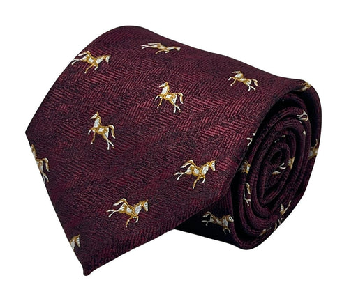 Maroon herringbone tie with thoroughbred horse design
