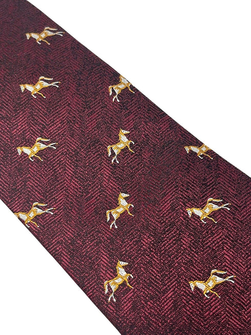Maroon herringbone tie with thoroughbred horse design
