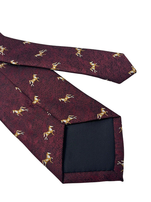 Maroon herringbone tie with thoroughbred horse design
