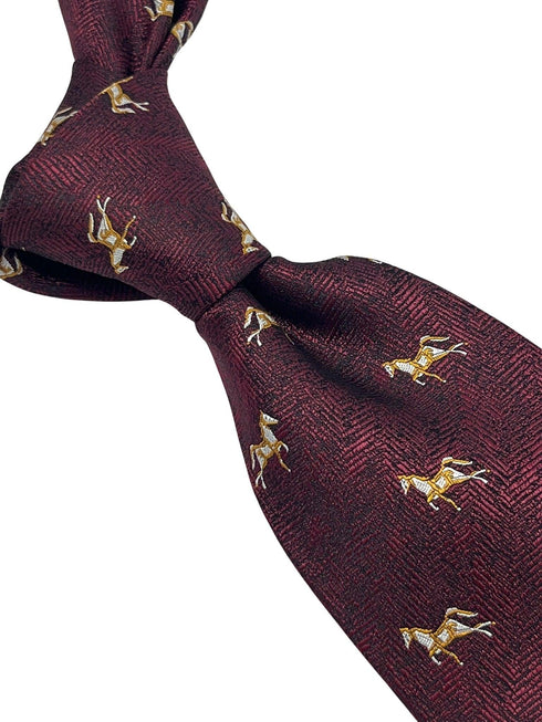 Maroon herringbone tie with thoroughbred horse design