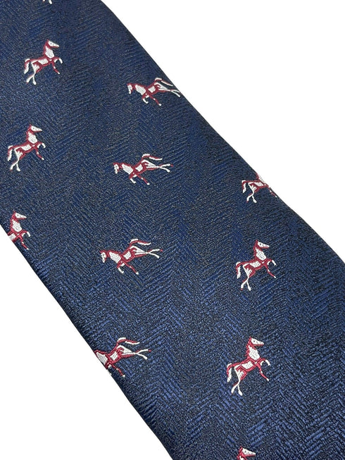 navy dark blue herringbone mens tie with thoroughbred horse design