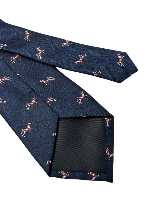 navy dark blue herringbone mens tie with thoroughbred horse design