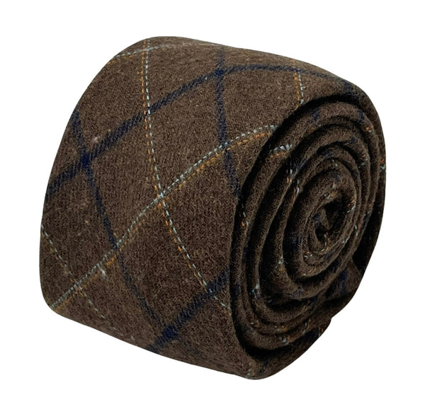 chocolate brown country tweed wool tie with blue check