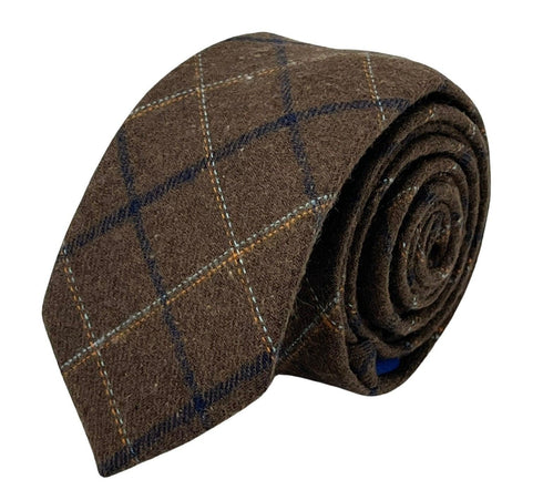 chocolate brown country tweed wool tie with blue check