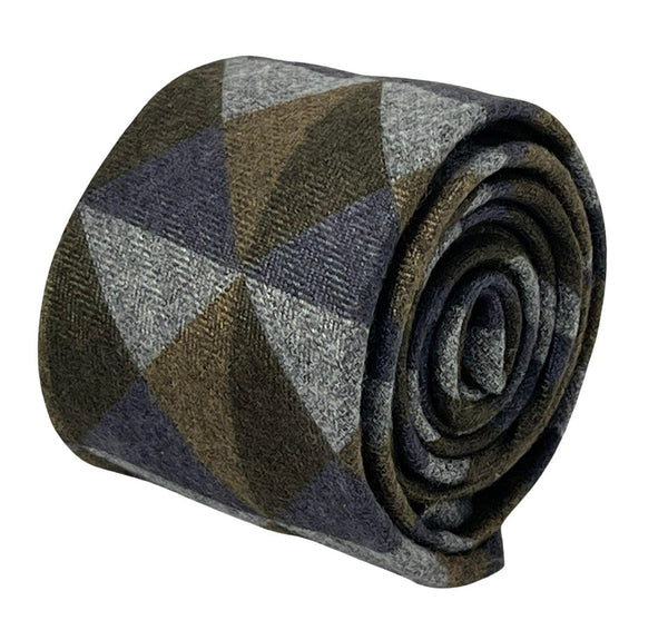 grey, blue and brown geometric triangular pattern cotton mens tie