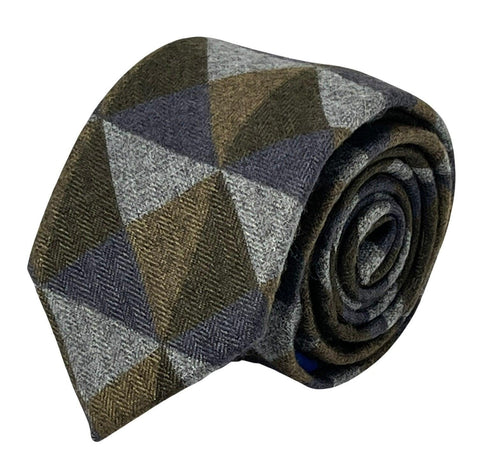 grey, blue and brown geometric triangular pattern cotton mens tie