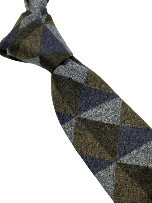 grey, blue and brown geometric triangular pattern cotton mens tie