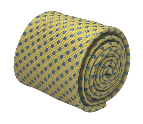 Pale lemon yellow tie with light blue polka spots