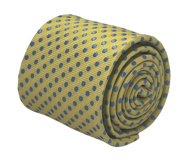 Pale lemon yellow tie with light blue polka spots