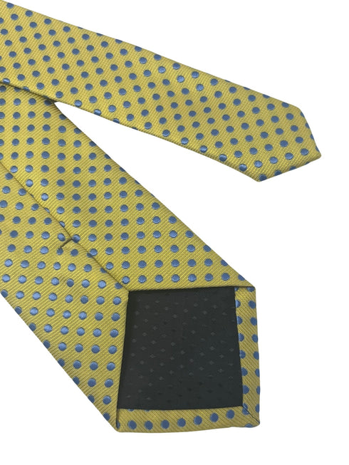 Pale lemon yellow tie with light blue polka spots