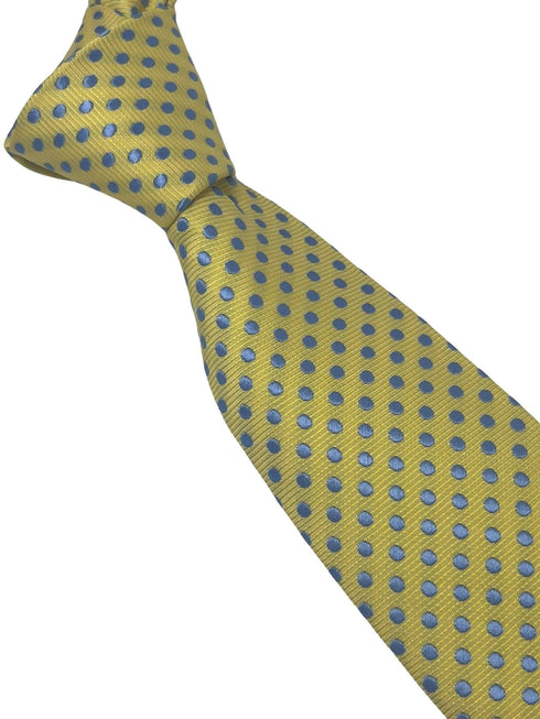 Pale lemon yellow tie with light blue polka spots