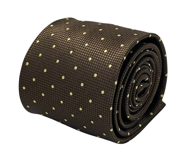 Chocolate coffee brown tie with light yellow pin spots in a subtle squared pattern