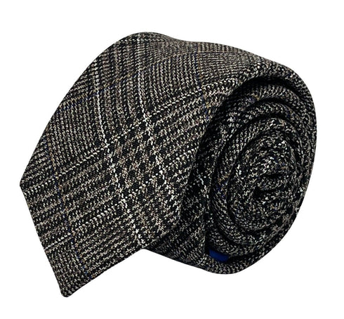 Coffee brown tweed wool check slim tie