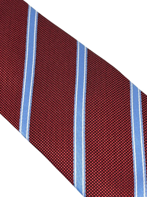 Maroon tie with light blue stripe