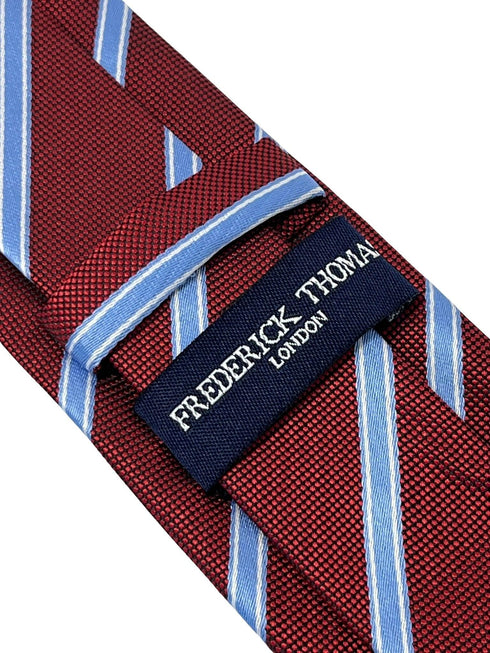 Maroon tie with light blue stripe