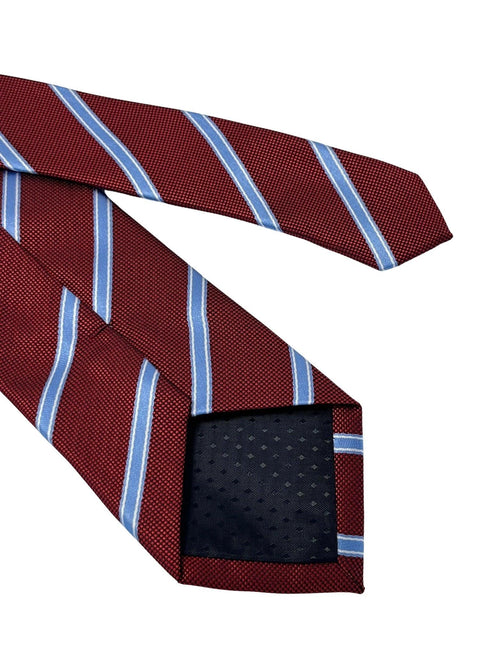 Maroon tie with light blue stripe