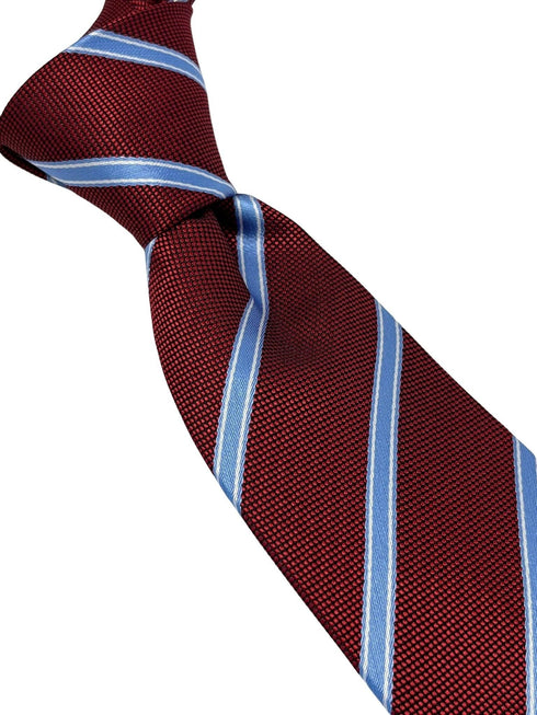 Maroon tie with light blue stripe