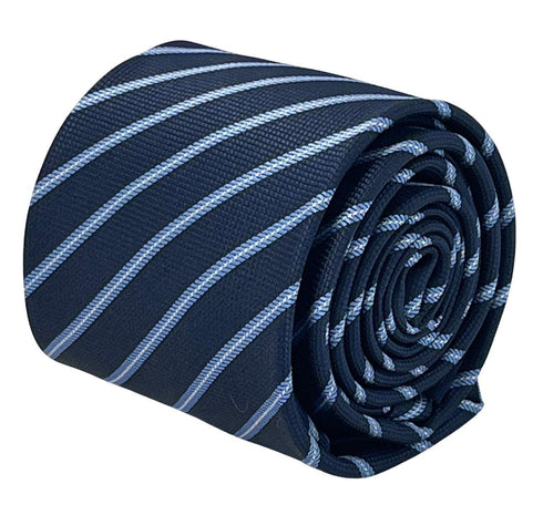 dark navy blue tie with light pale blue stripe