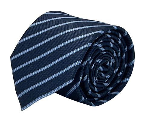 dark navy blue tie with light pale blue stripe