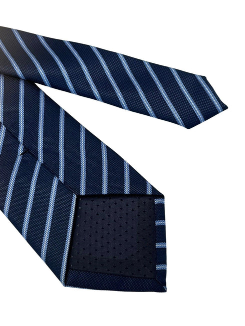 dark navy blue tie with light pale blue stripe