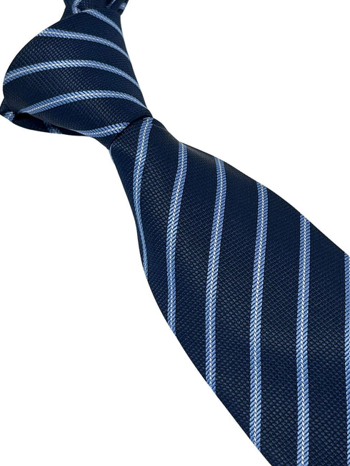 dark navy blue tie with light pale blue stripe
