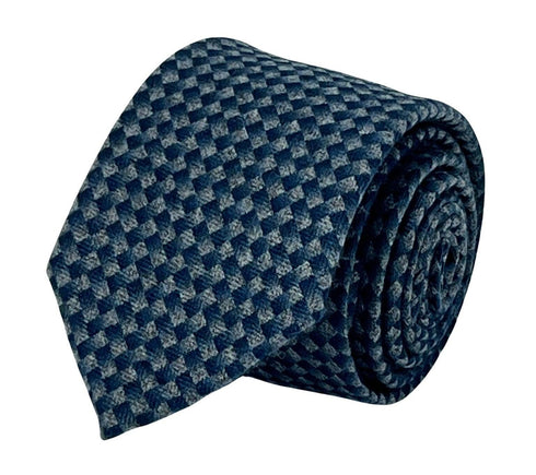 dark blue and grey tie with geometric pattern