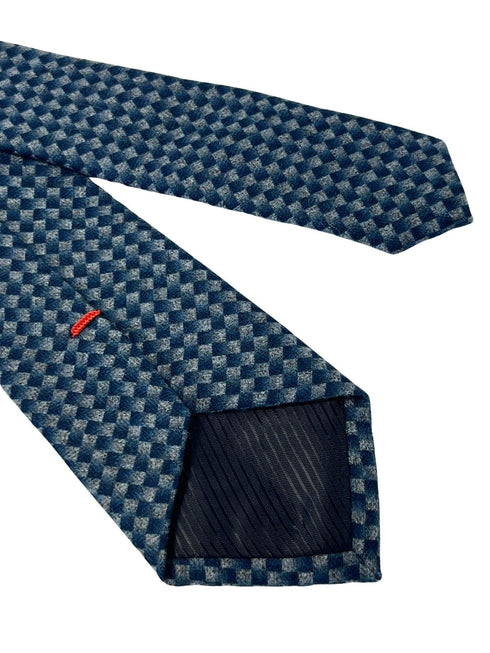 dark blue and grey tie with geometric pattern