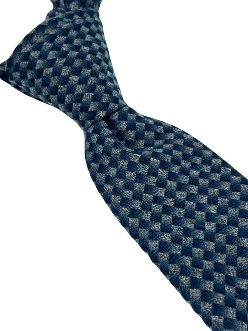 dark blue and grey tie with geometric pattern