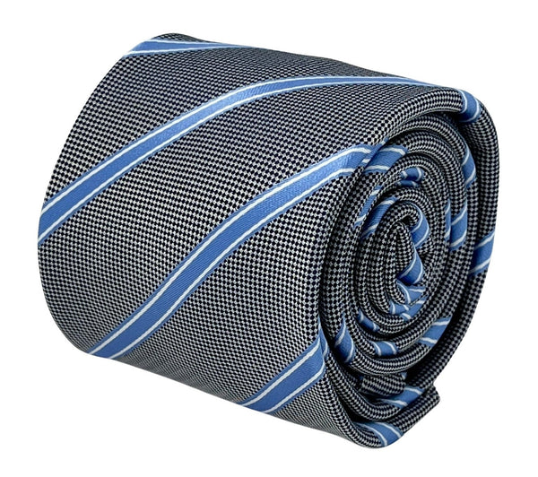 grey tie with light blue thin stripe