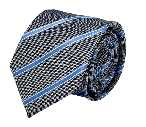 grey tie with light blue thin stripe