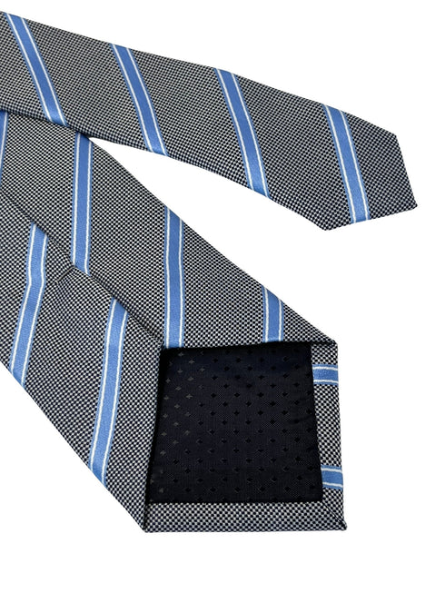 grey tie with light blue thin stripe