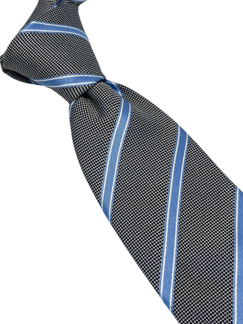 grey tie with light blue thin stripe