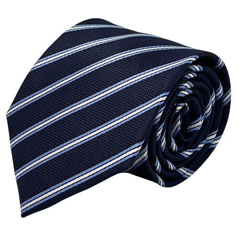 dark navy blue tie with thin light blue and white stripe