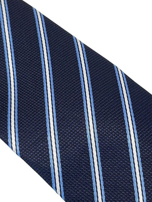 dark navy blue tie with thin light blue and white stripe