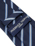 dark navy blue tie with thin light blue and white stripe