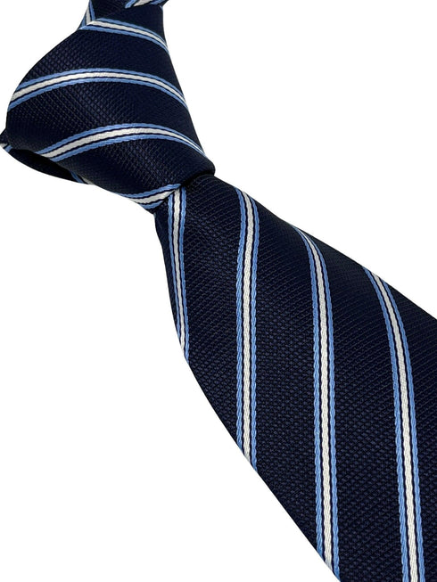 dark navy blue tie with thin light blue and white stripe