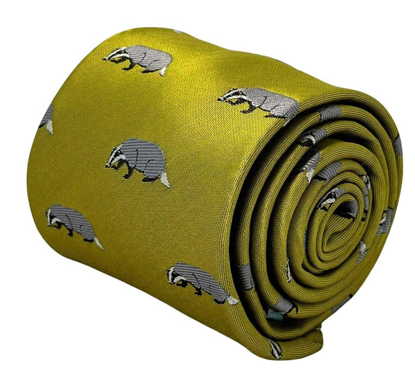 yellow gold tie with Hufflepuff badger design similar to Harry Potter