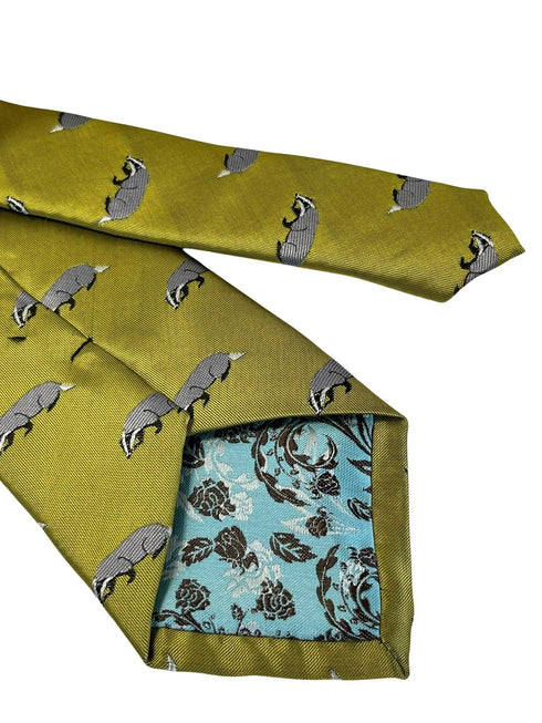 yellow gold tie with Hufflepuff badger design similar to Harry Potter