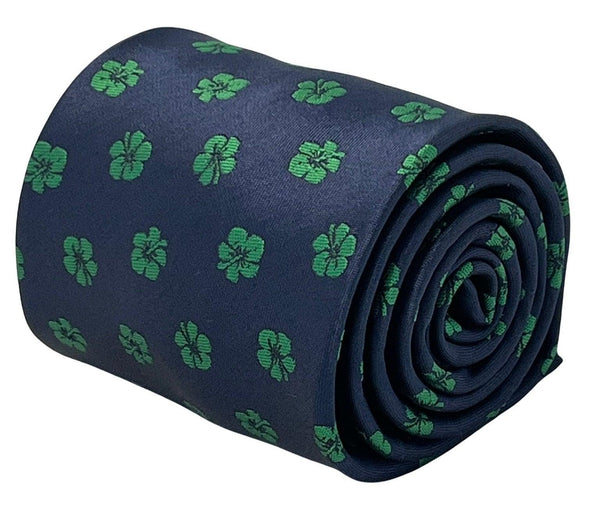 navy dark blue tie with tropical green Hawaii style flower hibiscus