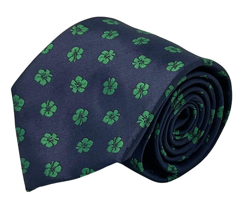 navy dark blue tie with tropical green Hawaii style flower hibiscus