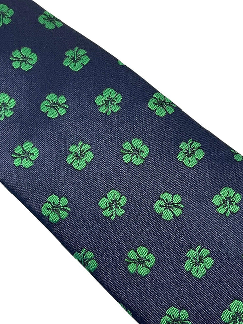 navy dark blue tie with tropical green Hawaii style flower hibiscus