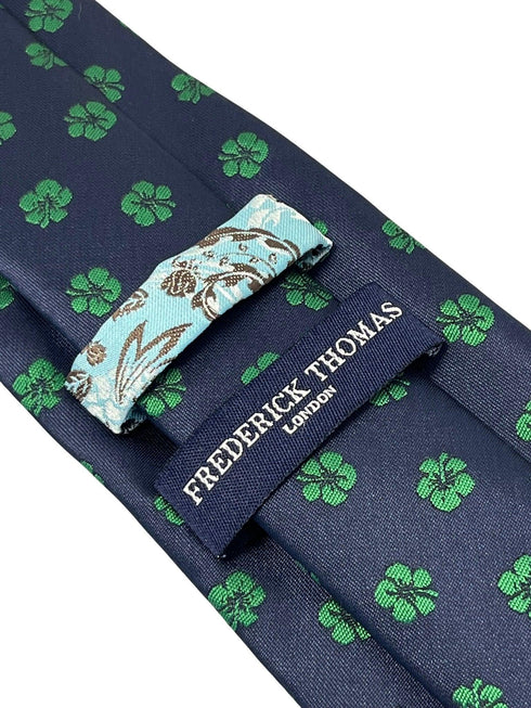 navy dark blue tie with tropical green Hawaii style flower hibiscus