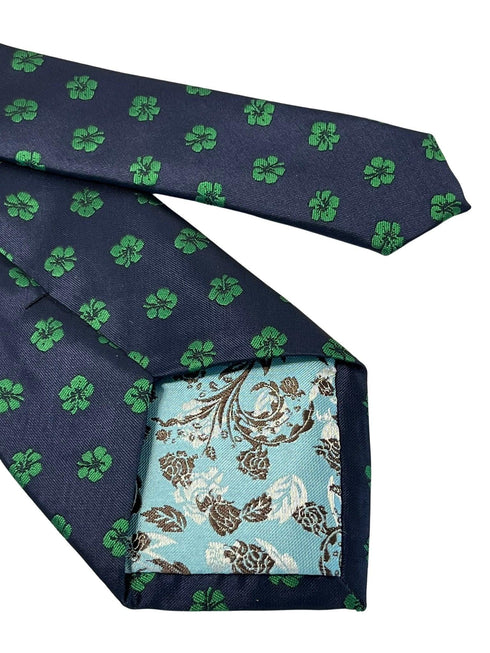 navy dark blue tie with tropical green Hawaii style flower hibiscus