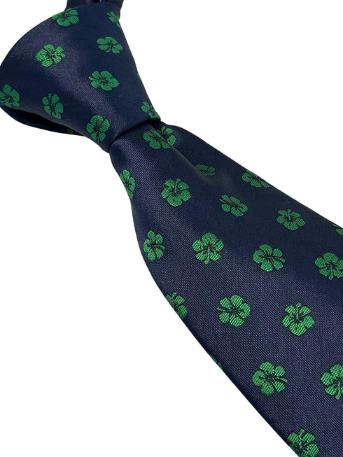 navy dark blue tie with tropical green Hawaii style flower hibiscus