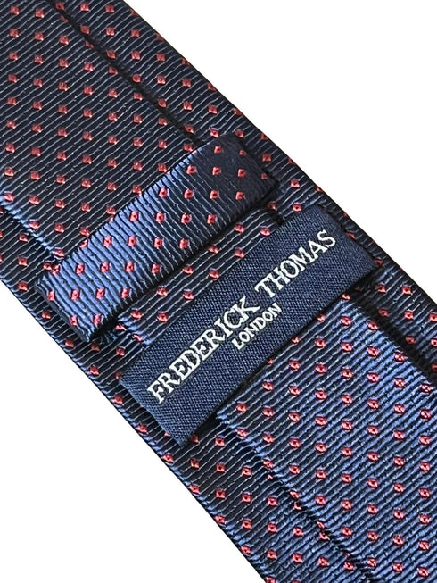 navy dark blue tie with red pin spots