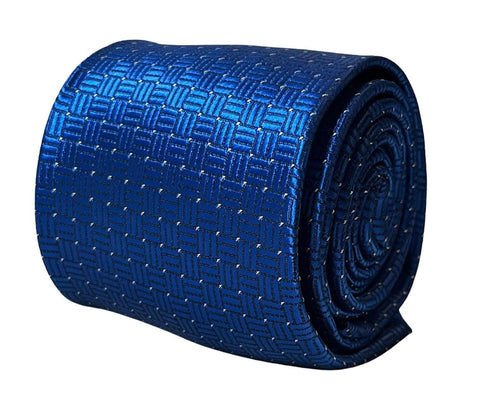 electric bright blue tie with squared pin spot design