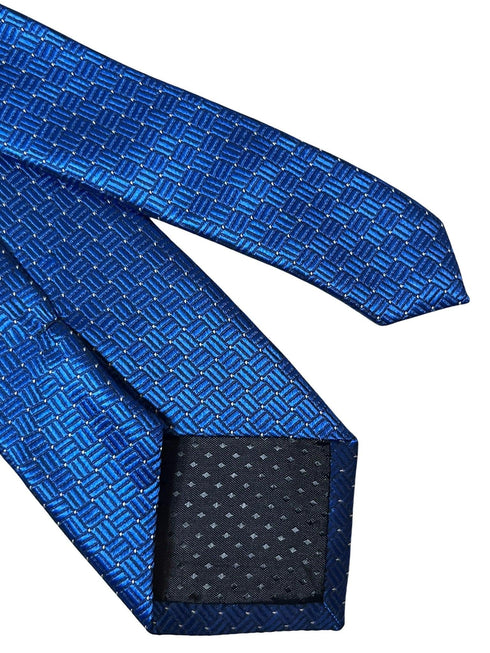 electric bright blue tie with squared pin spot design