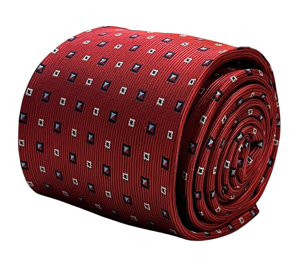 red tie with geometric square design
