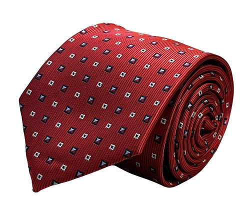 red tie with geometric square design