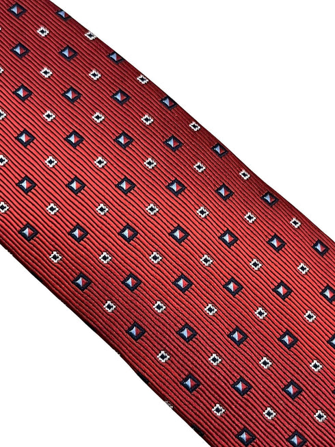 red tie with geometric square design